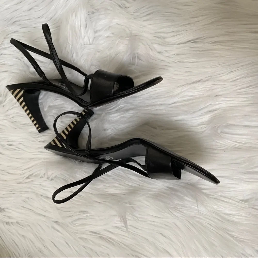 Salvatore Ferragamo black leather slingback striped heels sandal 7.5
